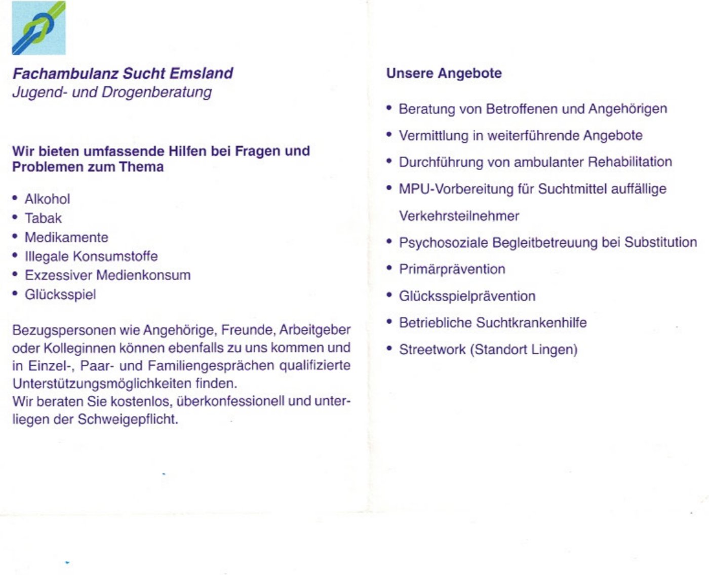 Fachambulanz Sucht Emsland der Diakonie – Info-Flyer Seite 2 mit den Beratungsangeboten, unter anderem Glücksspiel-Prävention
