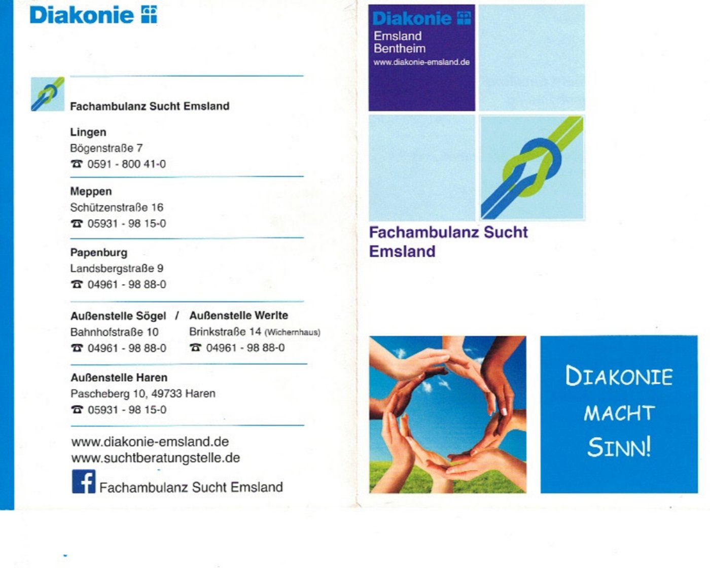 Fachambulanz Sucht Emsland der Diakonie – Info-Flyer Seite 1 mit Standorten und Telefonnummern in Lingen, Meppen, Papenburg, Sögel, Werlte und Haren